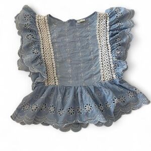 Scallop Eyelet Ruffle Blouse in Light Blue - peplum